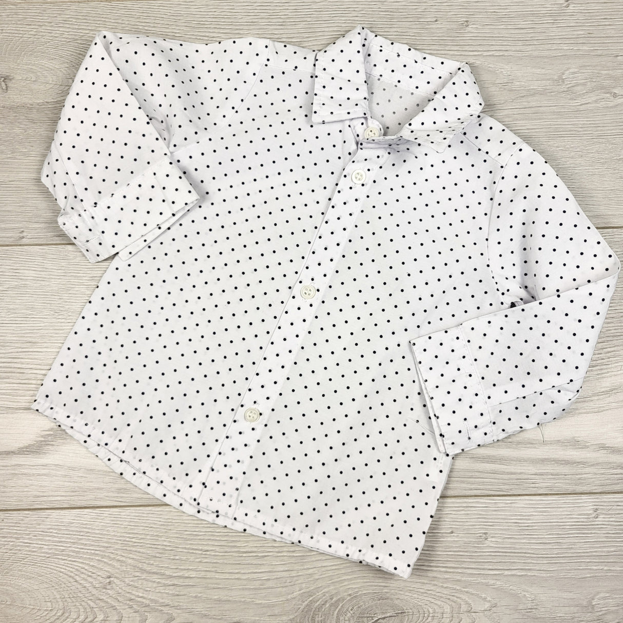 Concept white and blue polka dot button down shirt. Size 6-9 months
