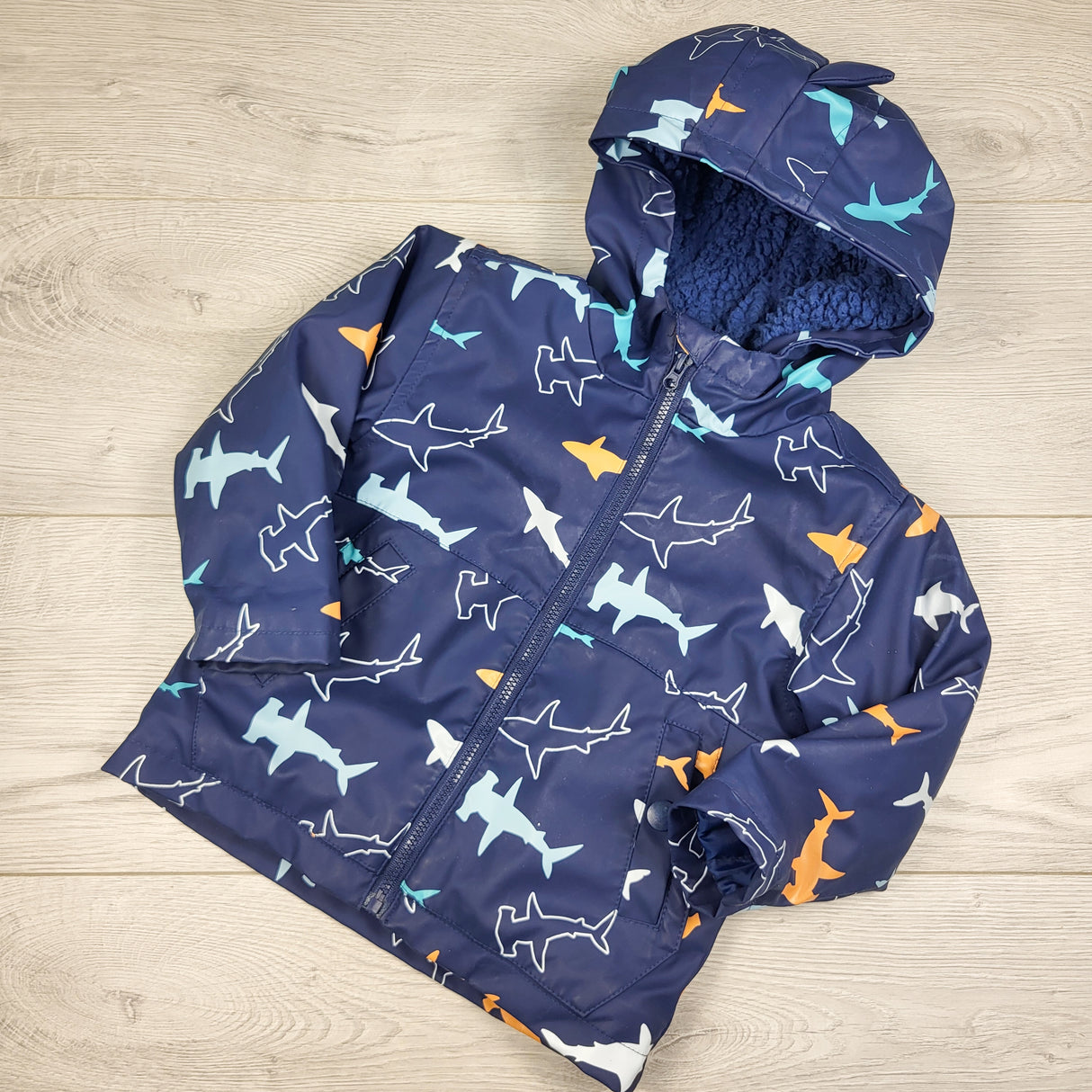 Birch and Stone navy sherpa lined rain coat with sharks. Size 12 months