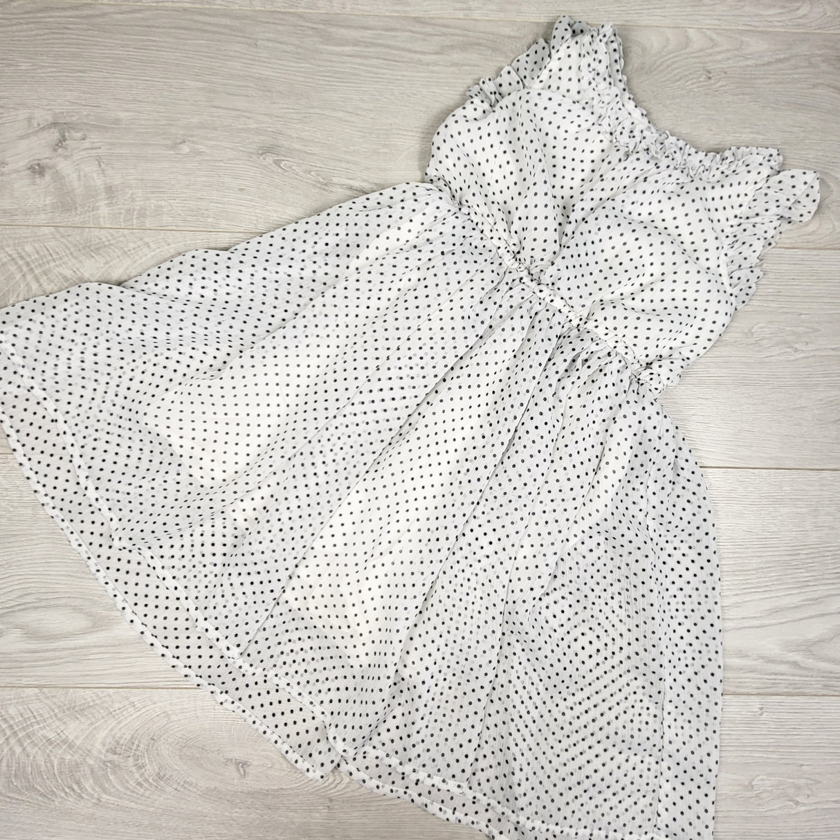 Oshkosh white and navy polka dot chiffon dress. Size 6/6X
