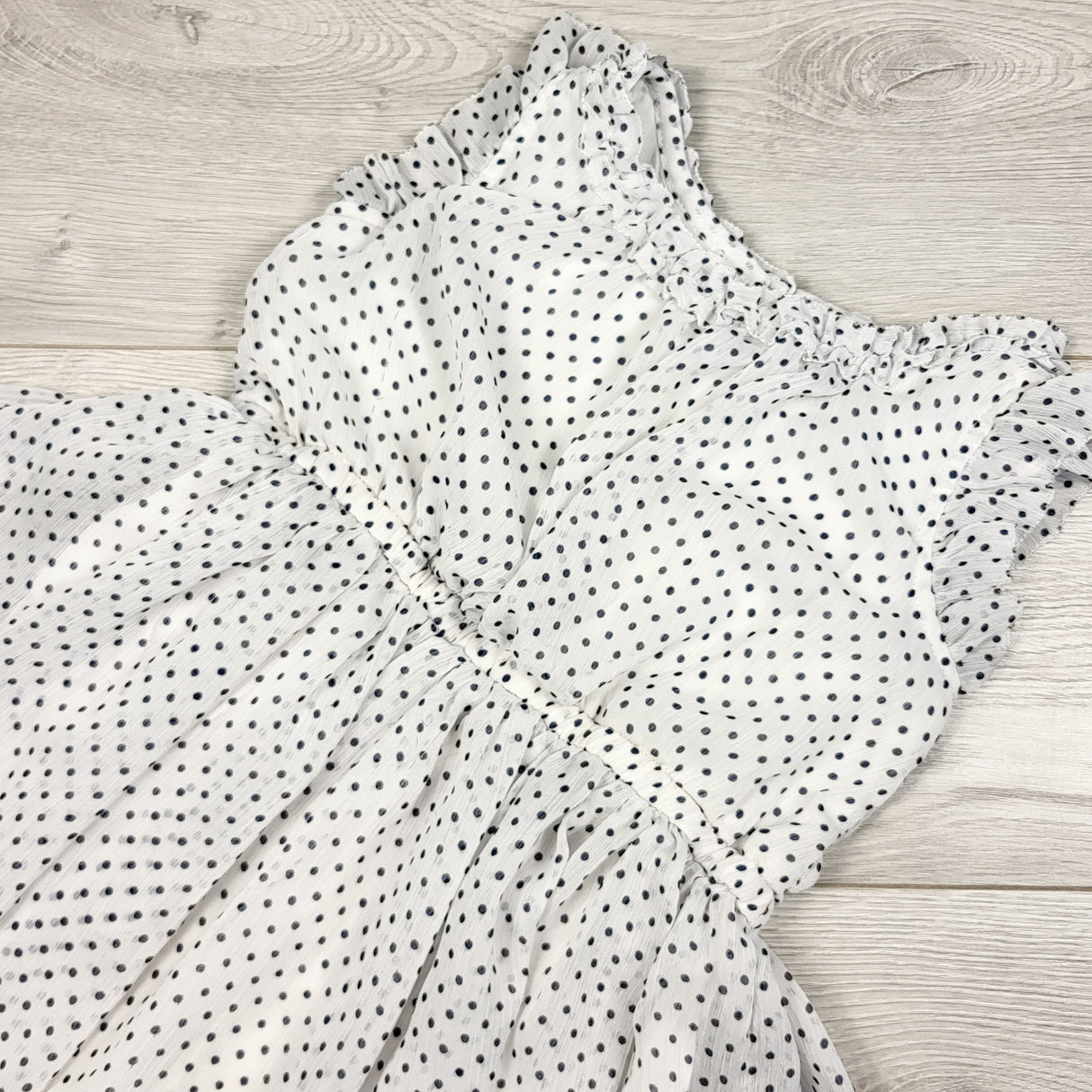 Oshkosh white and navy polka dot chiffon dress. Size 6/6X