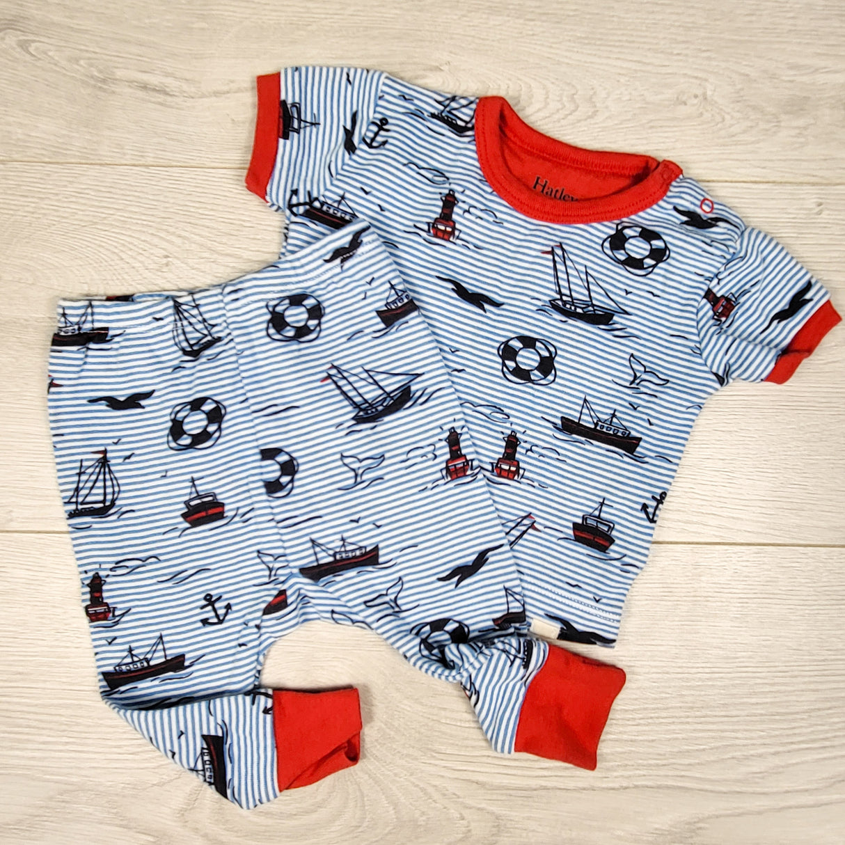 Hatley blue striped nautical themed 2pc PJs. Size 3-6 months
