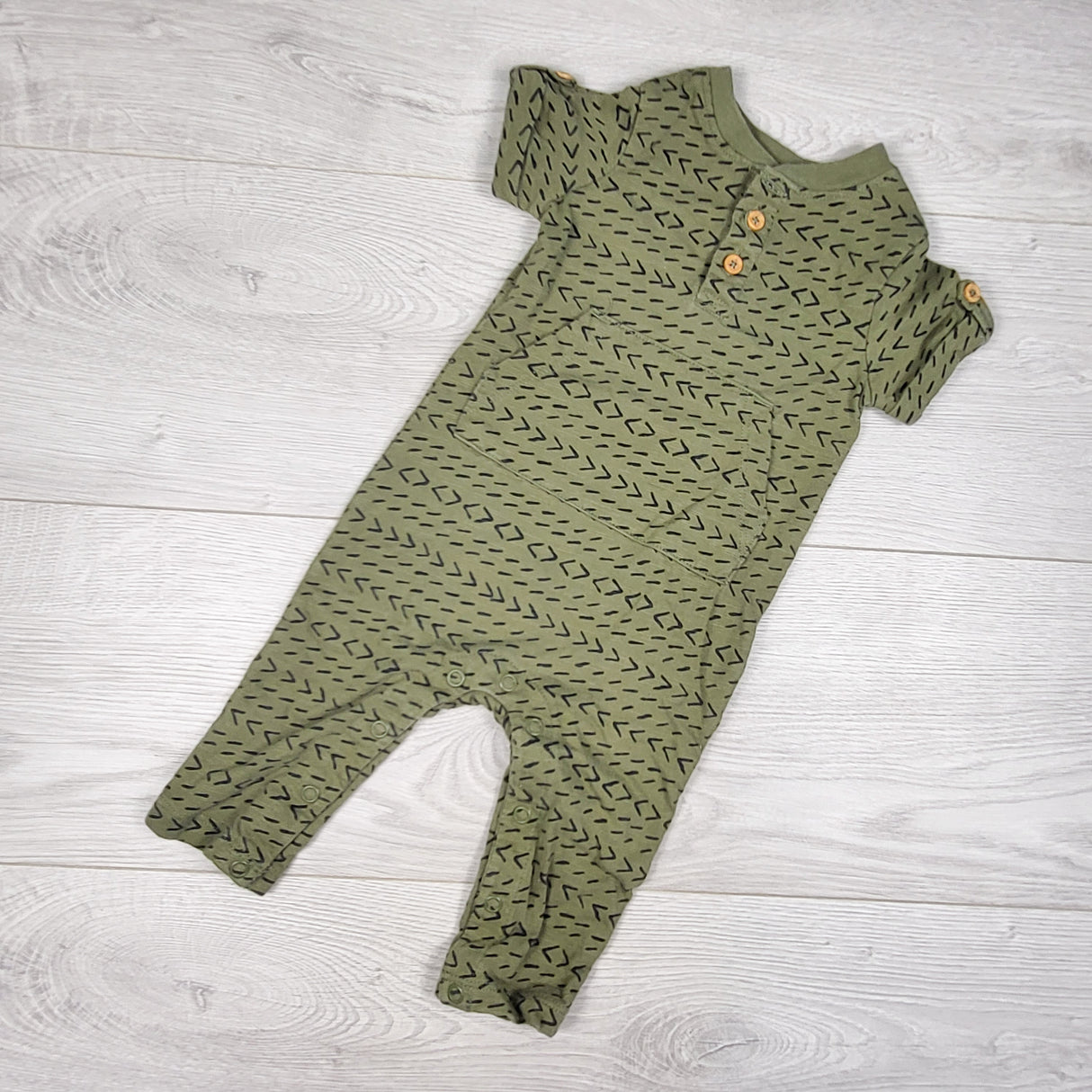Joe green patterned romper. Size 3-6 months