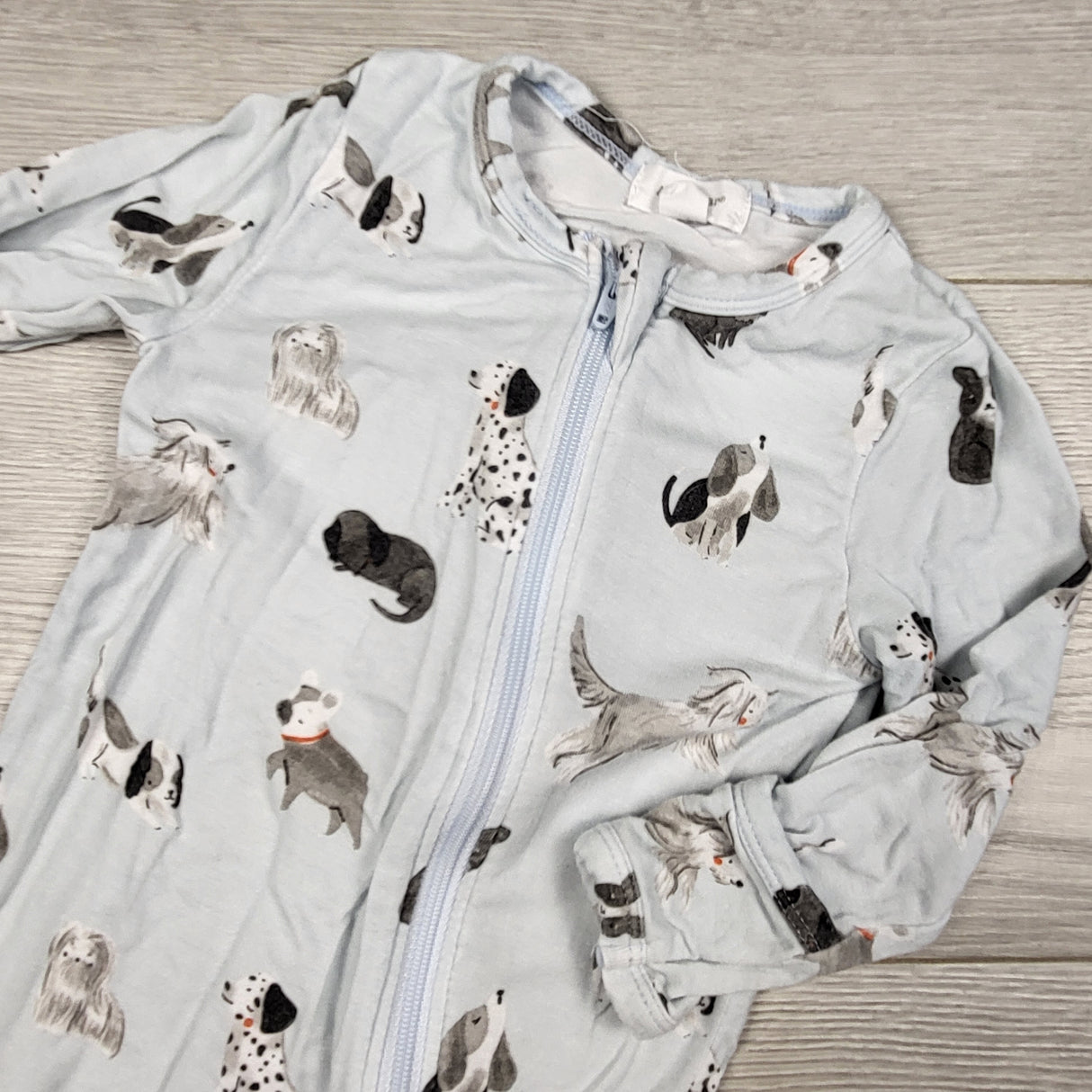 Angel Dear light blue zippered bamboo sleeper with dogs. Size 6-9 months