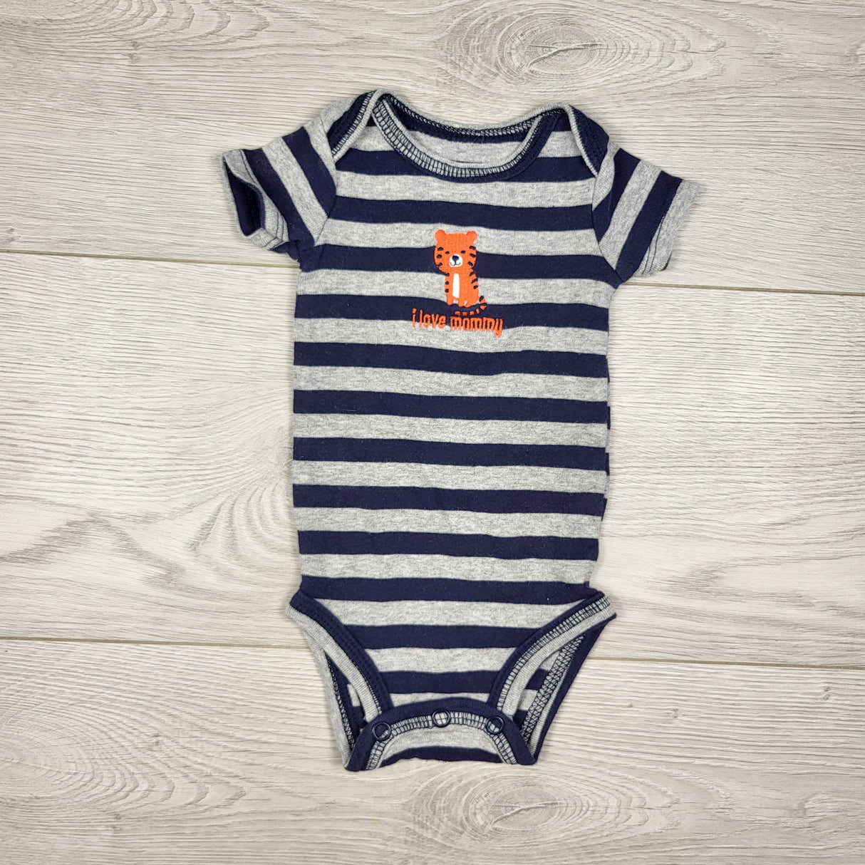 Just One You navy and grey striped bodysuit with fox. Newborn size