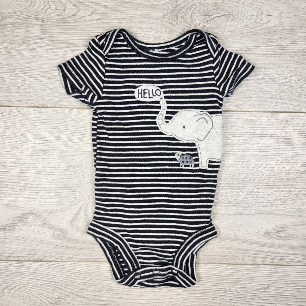 Child of Mine black striped bodysuit with elephant. Newborn size