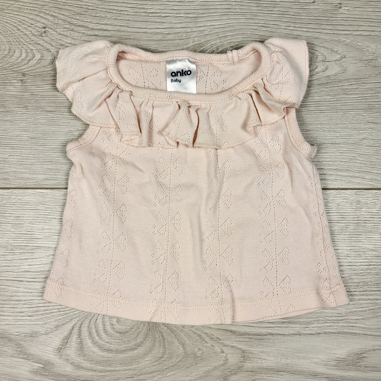 Anko pink pointelle top with ruffle. Size 0-3 months