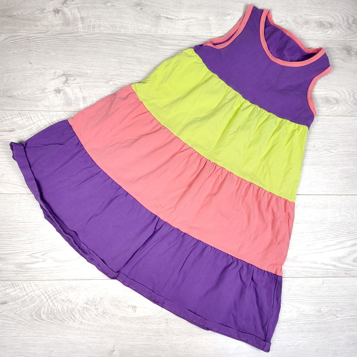 Peekaboo Beans striped tiered sleeveless dress (purple, pink, yellow.) Size 8