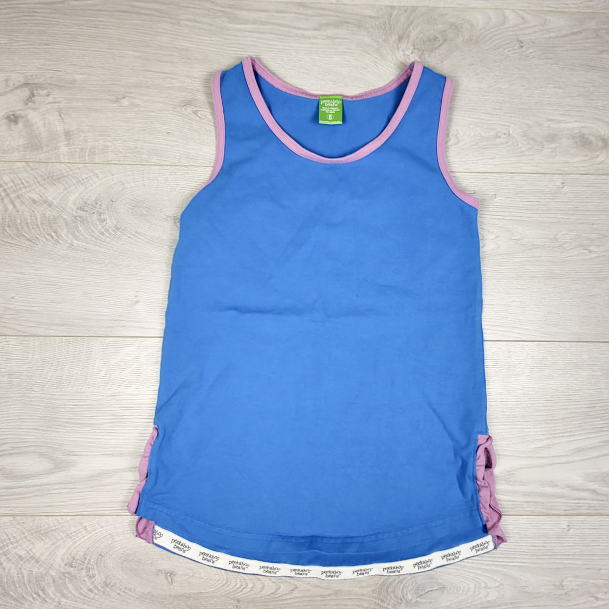 Peekaboo Beans blue tank top with purple trim. Size 8