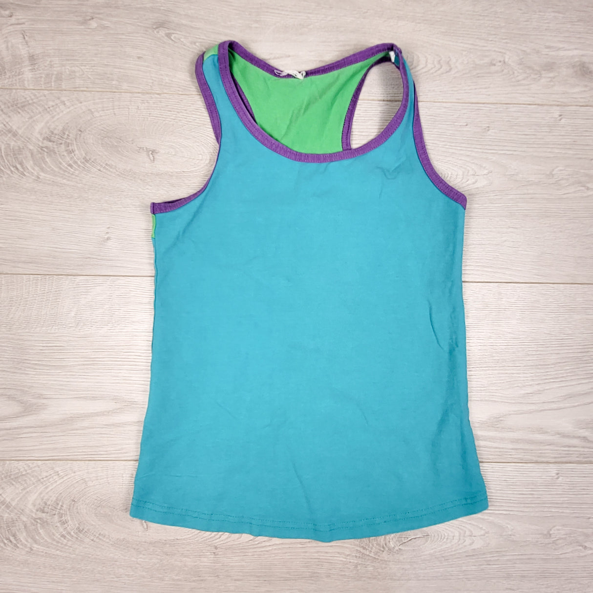 Peekaboo Beans turquoise tank top with purple trim. Size 8 - AS IS