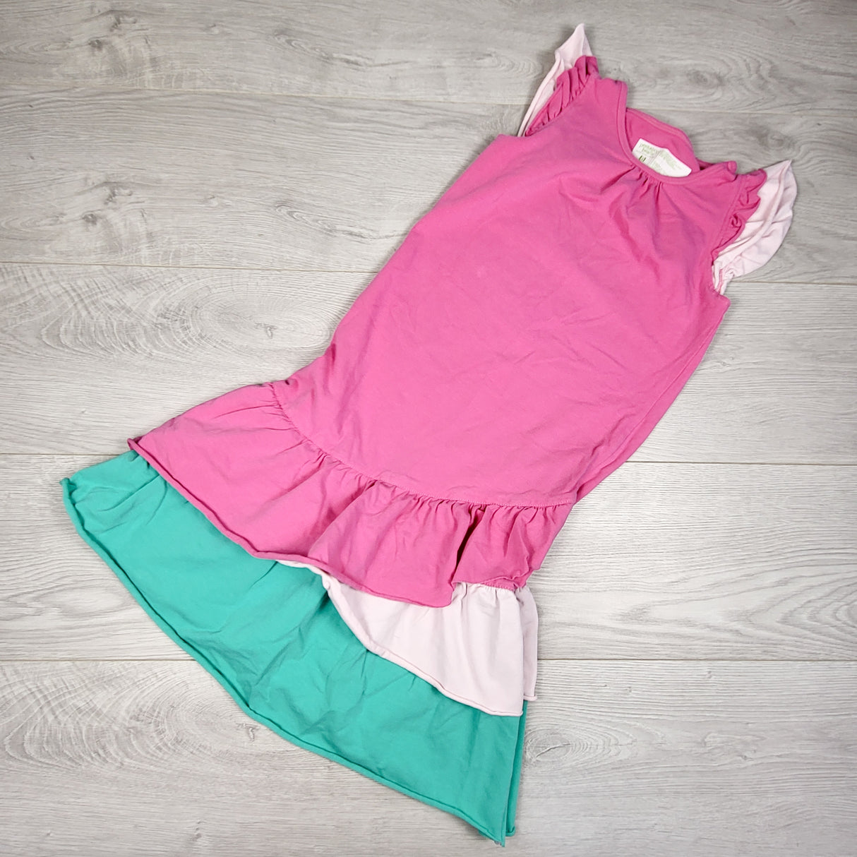 Peekaboo Beans pink ruffle dress with turquoise accent. Size 8