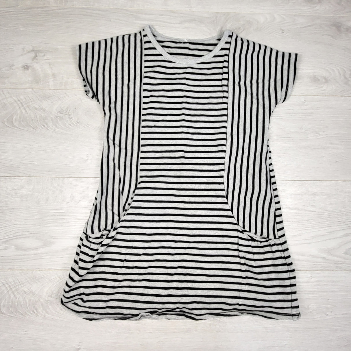 Peekaboo Beans grey and black striped dress. Size 8