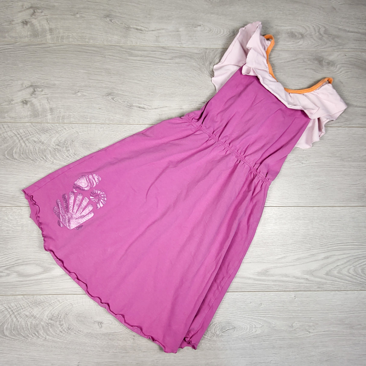 Peekaboo Beans pink sleeveless dress with ruffle and seashells. Size 7