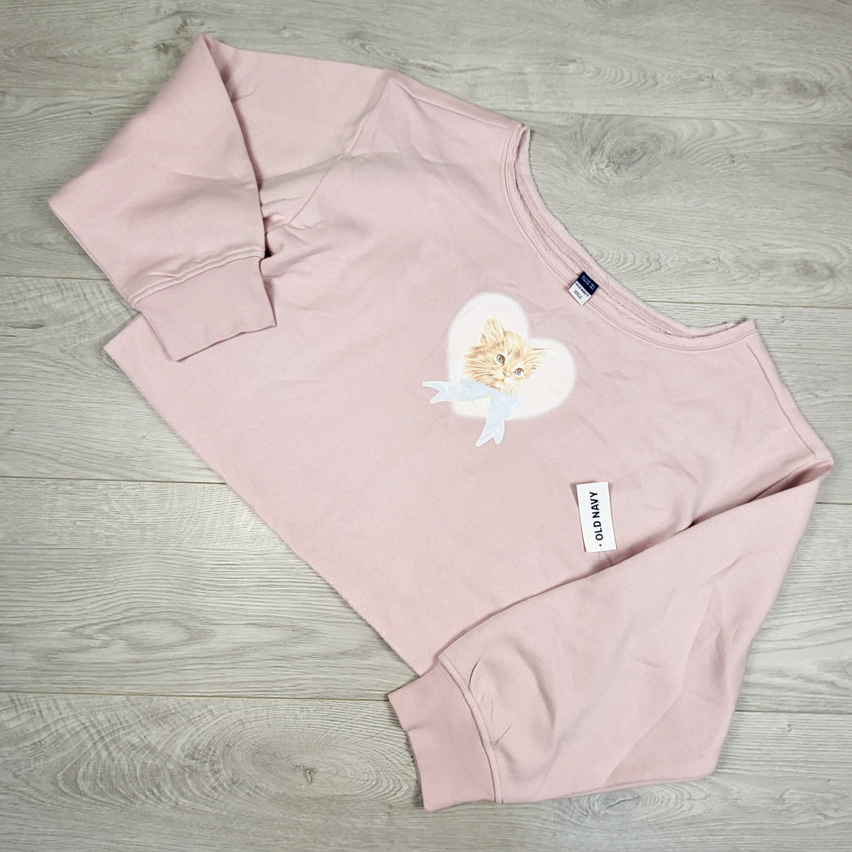 NEW - Old Navy pink cropped sweatshirt with cat (raw edge hem.) Size 14/16
