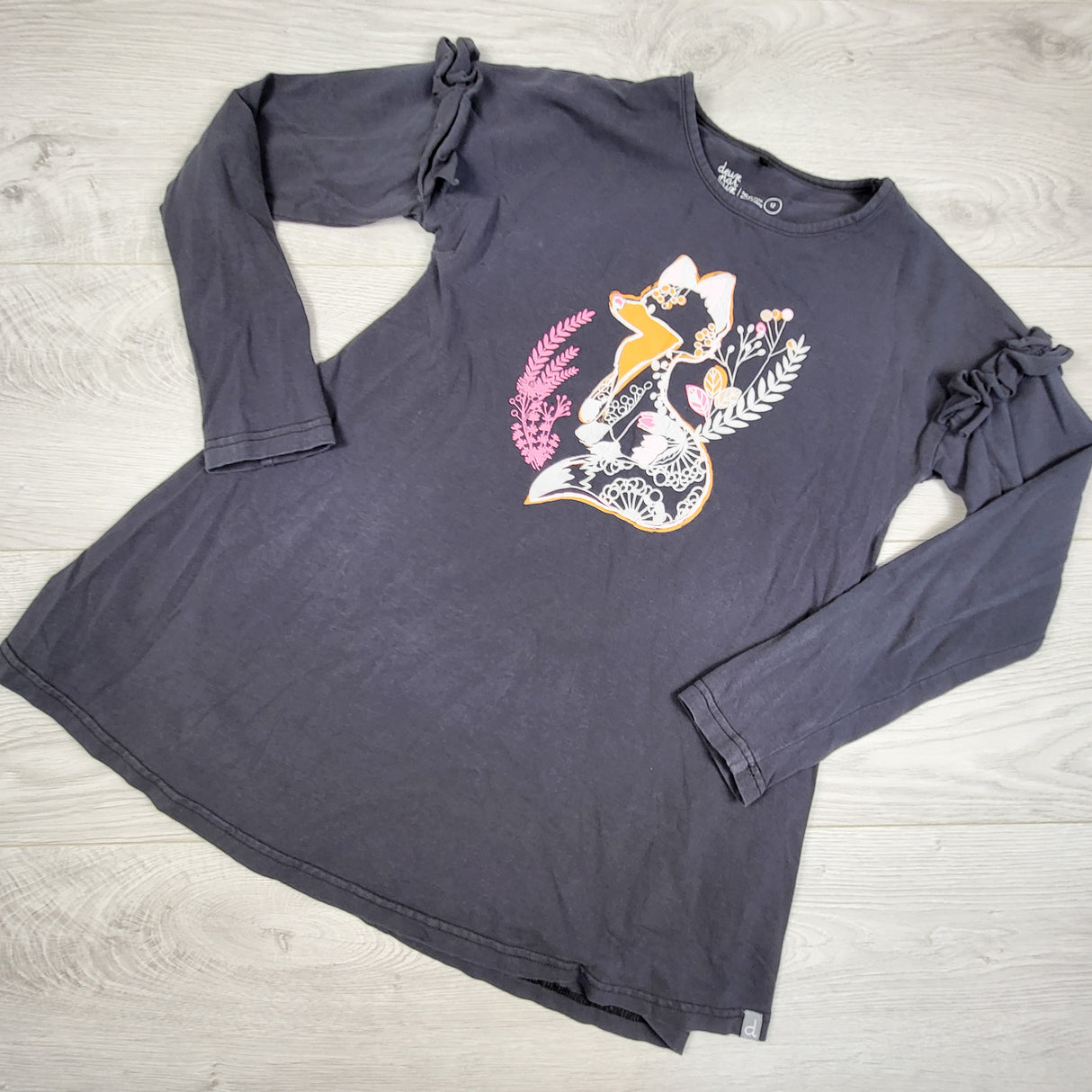 Deux Par Deux grey tunic top with fox. Size 12