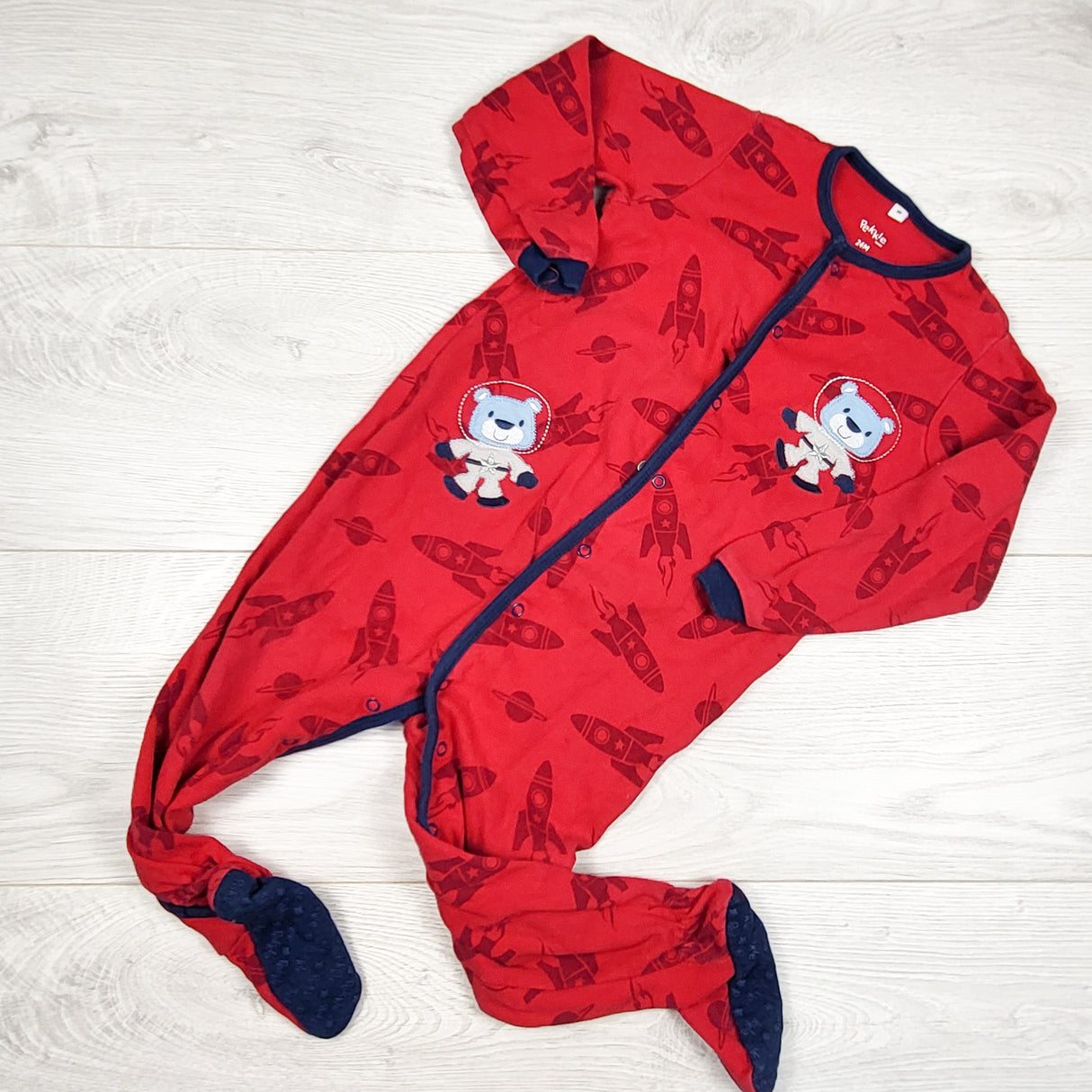 Pekkle red cotton sleeper with space bears. Size 24 months