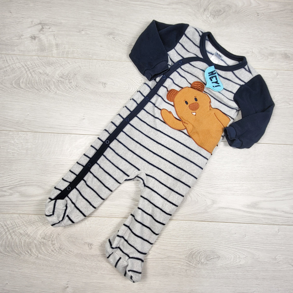 George grey and navy striped fleece sleeper with bear. Size 6-9 months