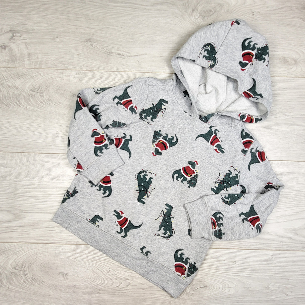 Child of Mine grey pullover hoodie with Christmas dinosaurs. Size 4T