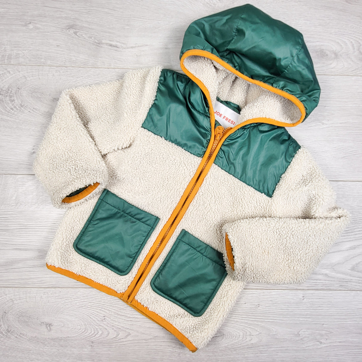 Joe green and beige zip up sherpa jacket. Size 3T