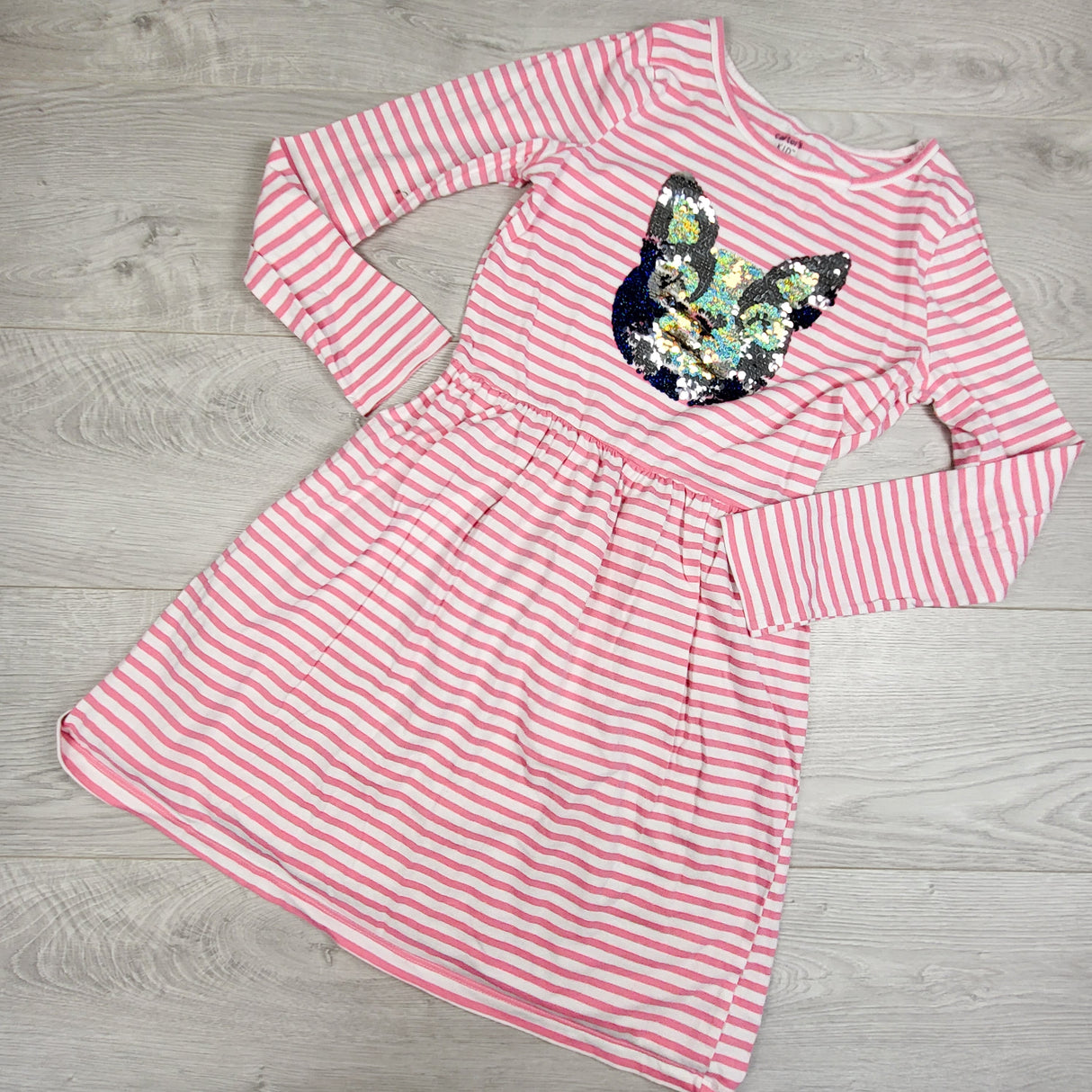Carters pink striped dress with flip sequin dog. Size 12