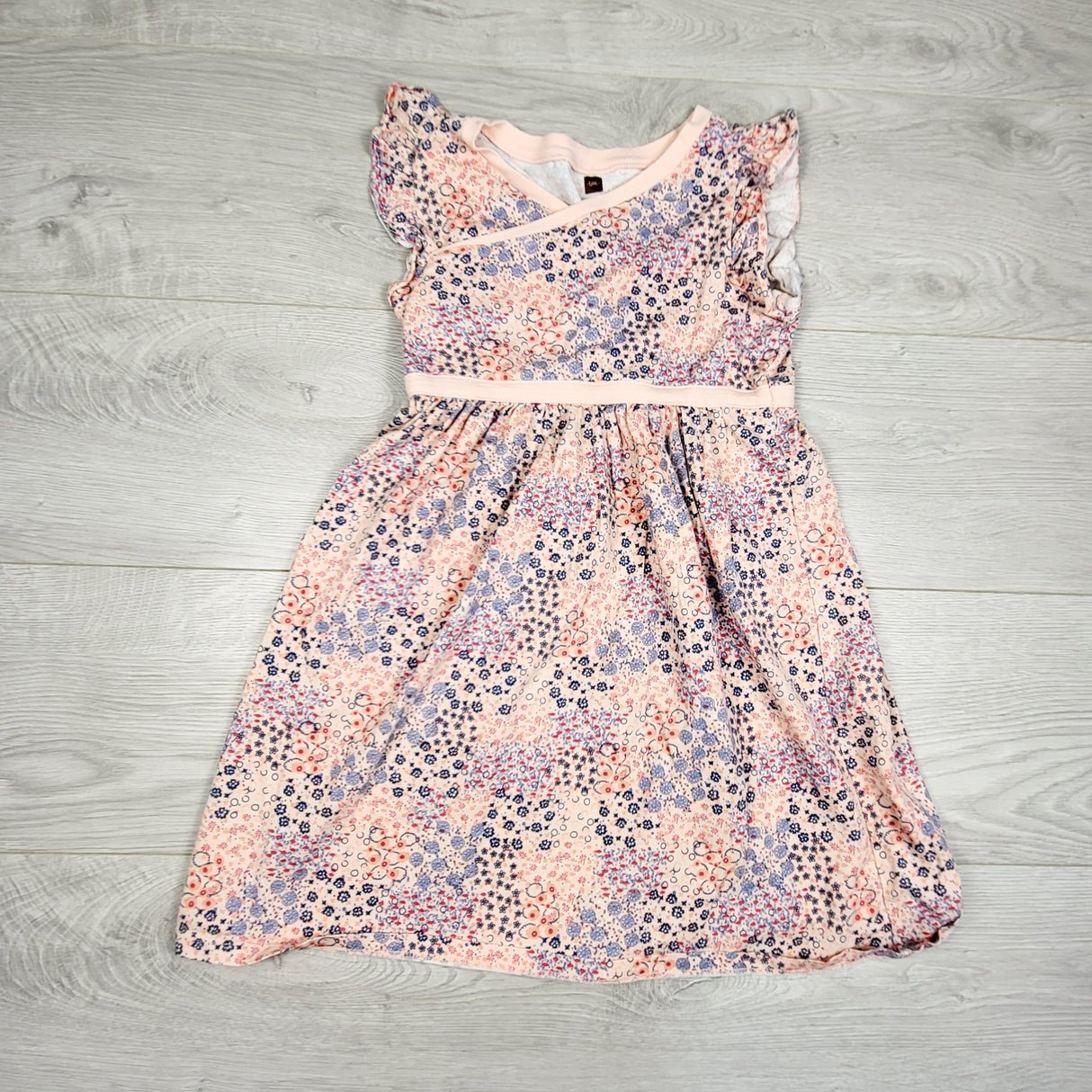Tea Collection pink floral print faux wrap dress. Size 8