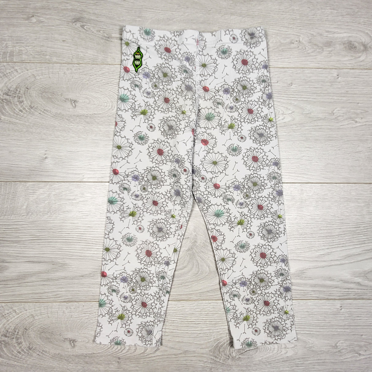 Peekaboo Beans grey leggings with wishing flowers. Size 6