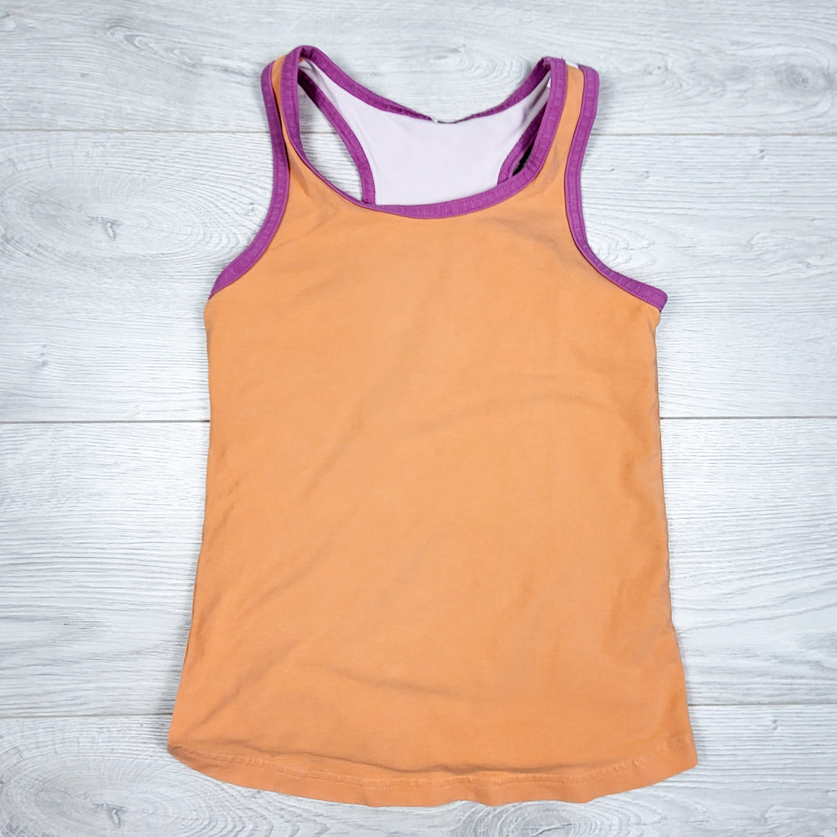 Peekaboo Beans orange tank top with purple trim. Size 7