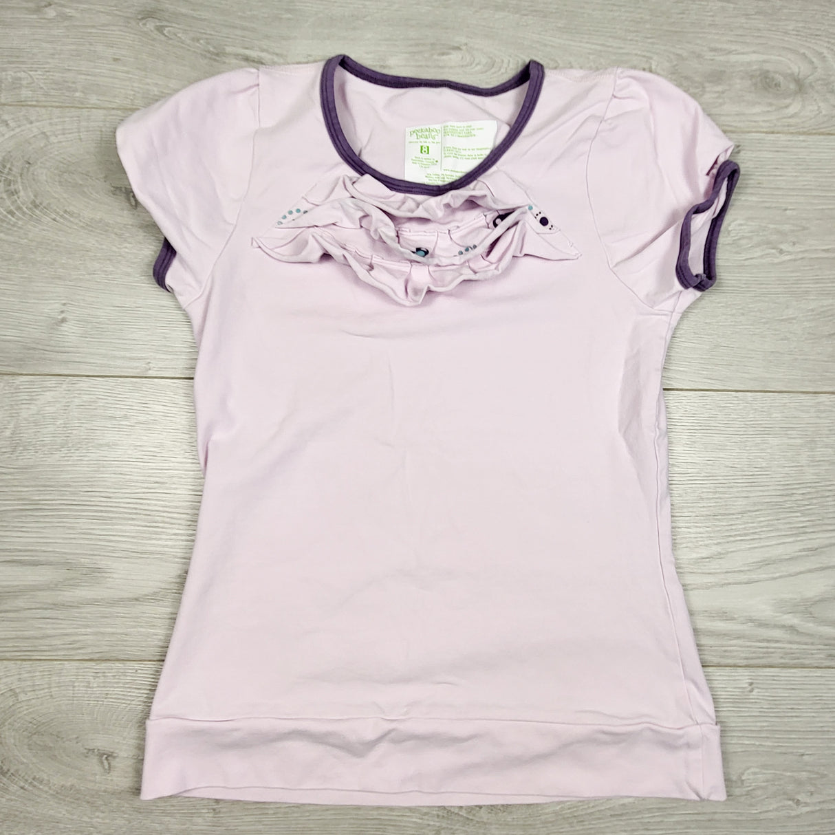 Peekaboo Beans light purple t-shirt with ruffle. Size 8