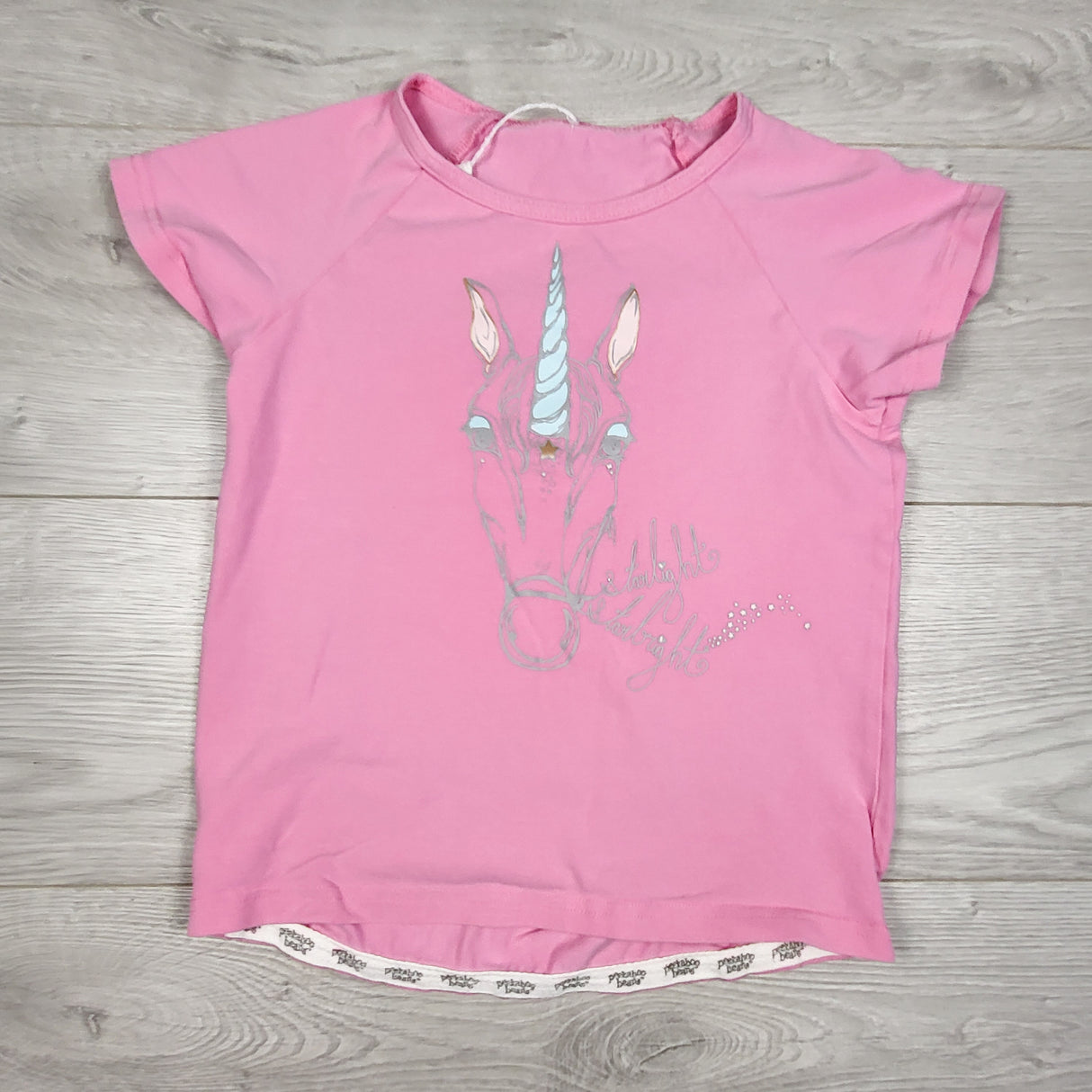 Peekaboo Beans pink t-shirt with unicorn. Size 7