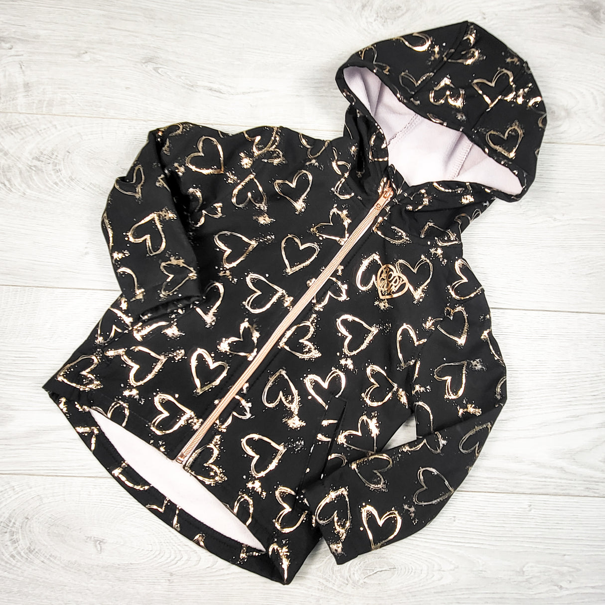Body Glove black and rose gold soft shell rain jacket with hearts. Size 3T