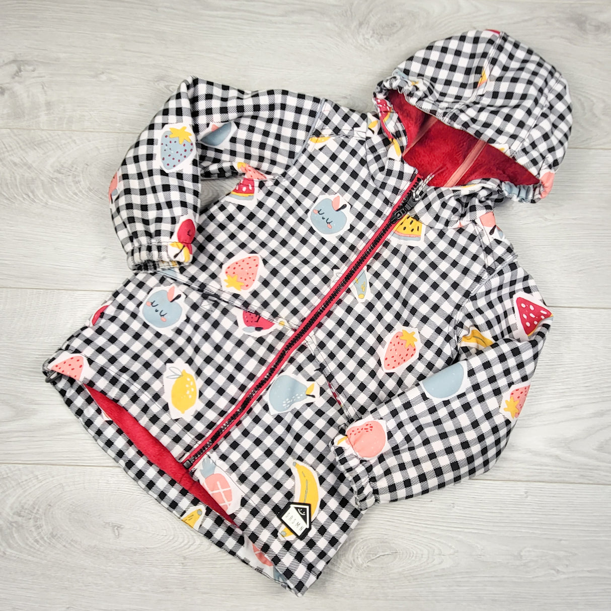 Souris Mini Gingham Softshell Raincoat with Fruit. Size 3T - AS IS