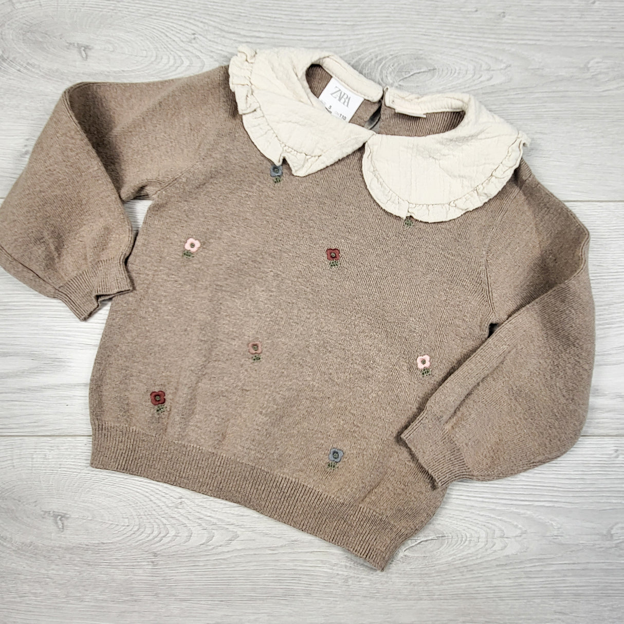 Zara brown collared sweater with floral embroidery. Size 5T