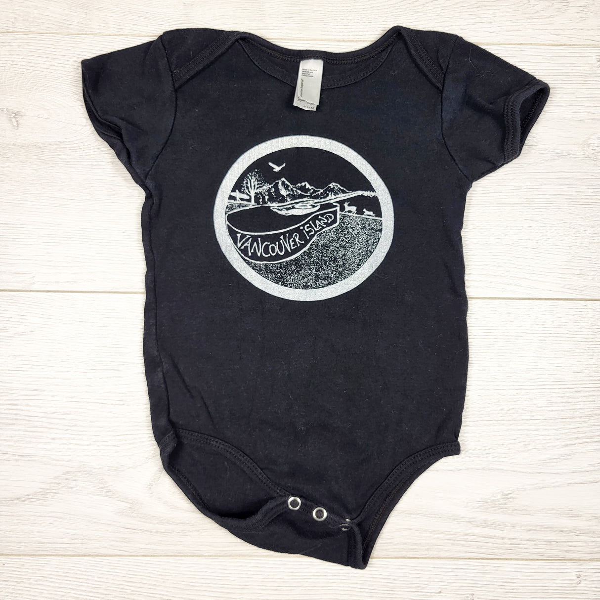 Black custom made "Vancouver Island" bodysuit. Size 6-12 months