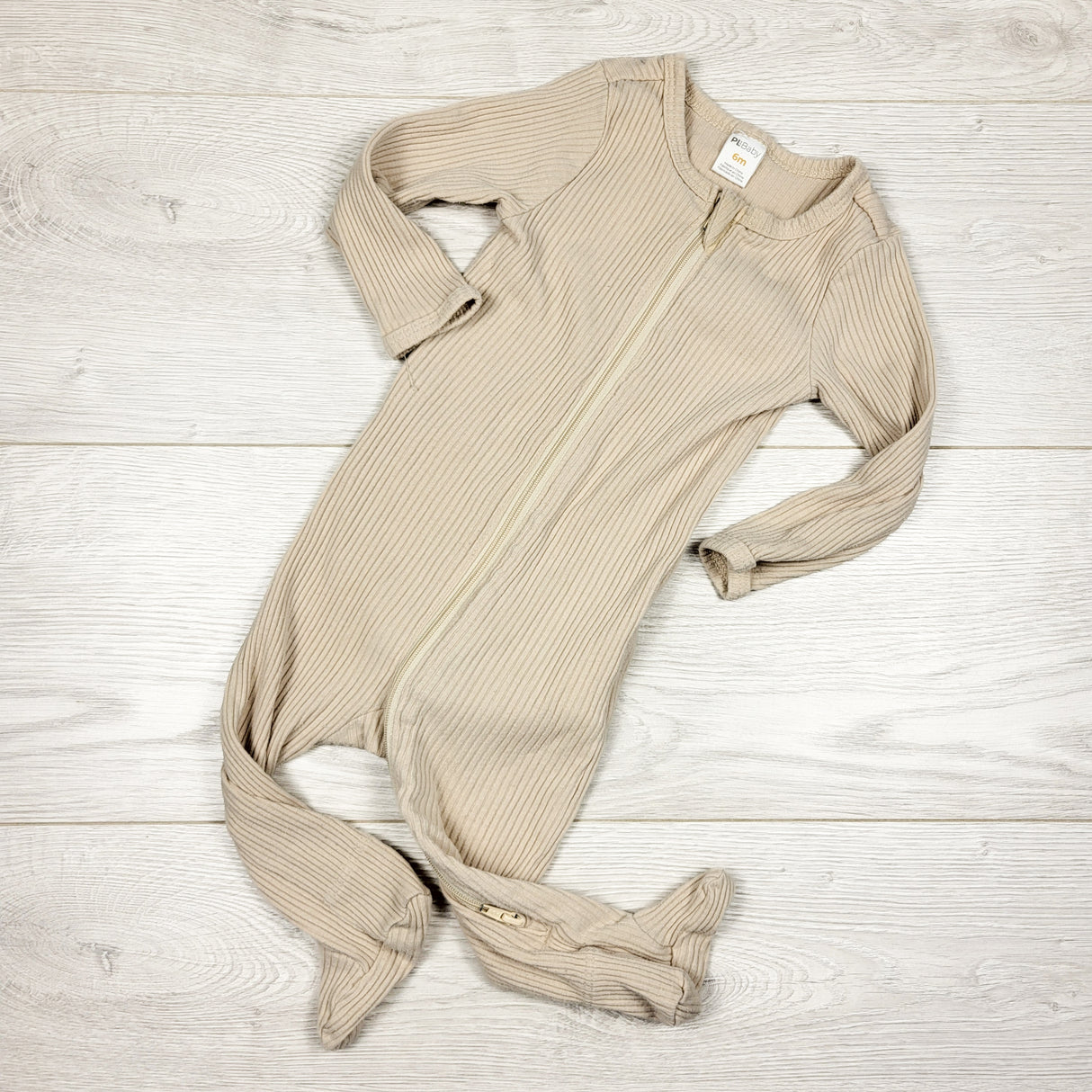 PL Baby beige ribbed zippered sleeper. Size 6 months