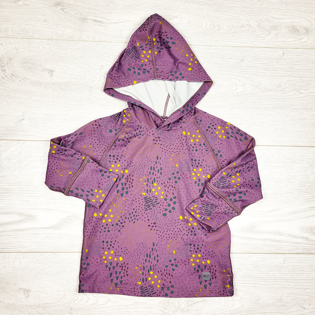 MEC purple patterned hooded "Skylight" UPF sun protection shirt. Size 6 months