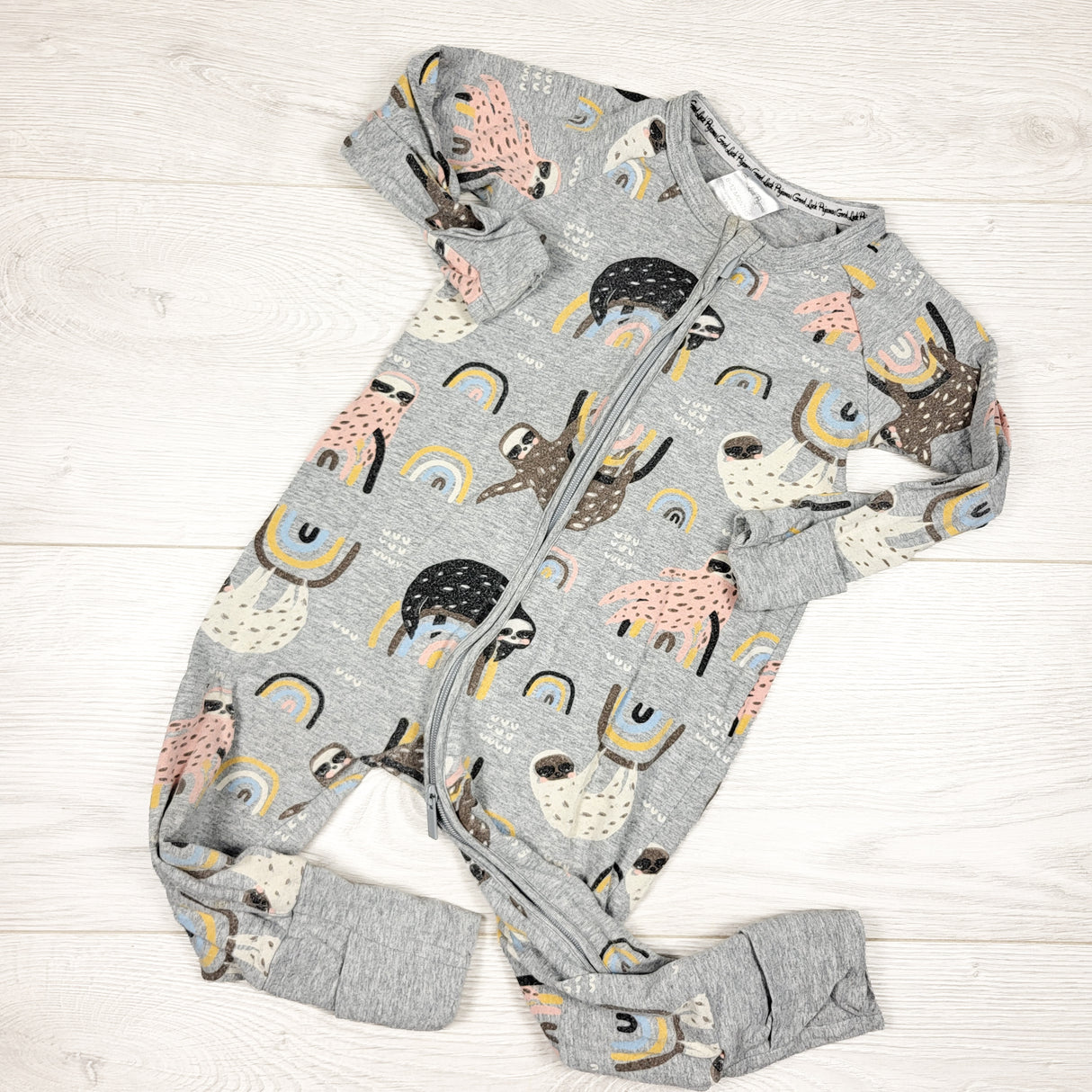 Good Luck Pajamas grey sloth print sleeper. Size 6-12 months - AS IS