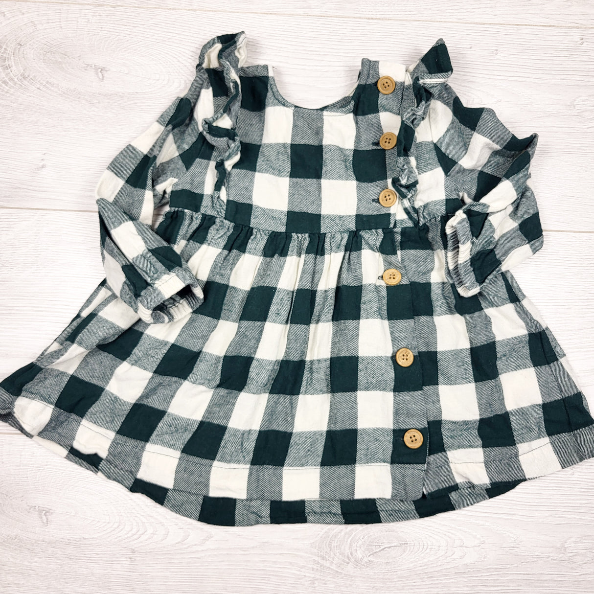 Rise Little Earthling green buffalo plaid flannel dress. Size 6-9 months
