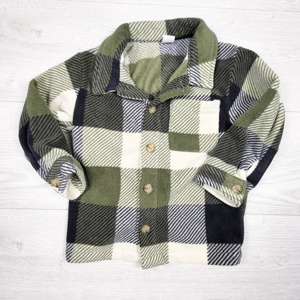 Rococo green plaid button down fleece over shirt / shacket. Size 3T