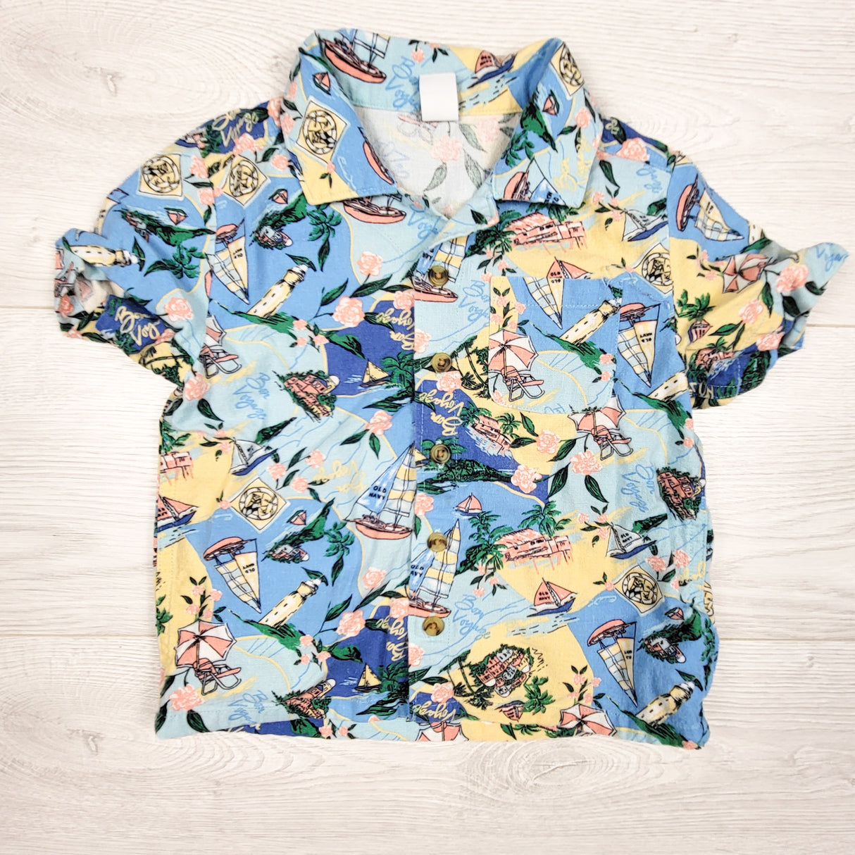 Old Navy blue "Bon Voyage" linen blend button down shirt. Size 3T