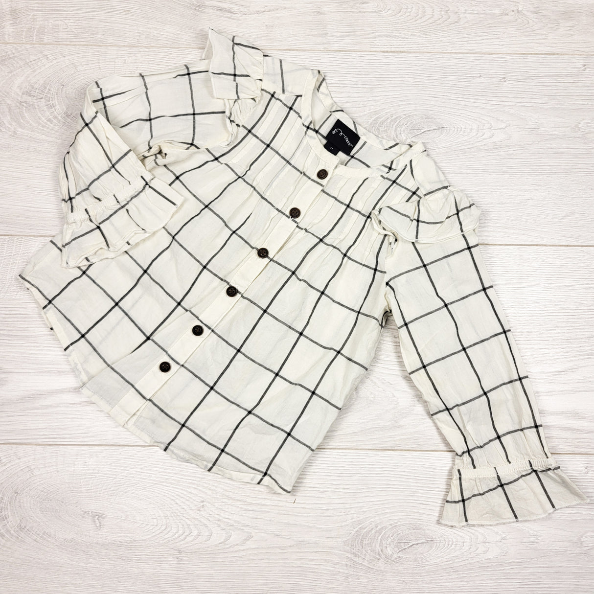 Art Class white plaid blouse with frill cuffs. Size 2T