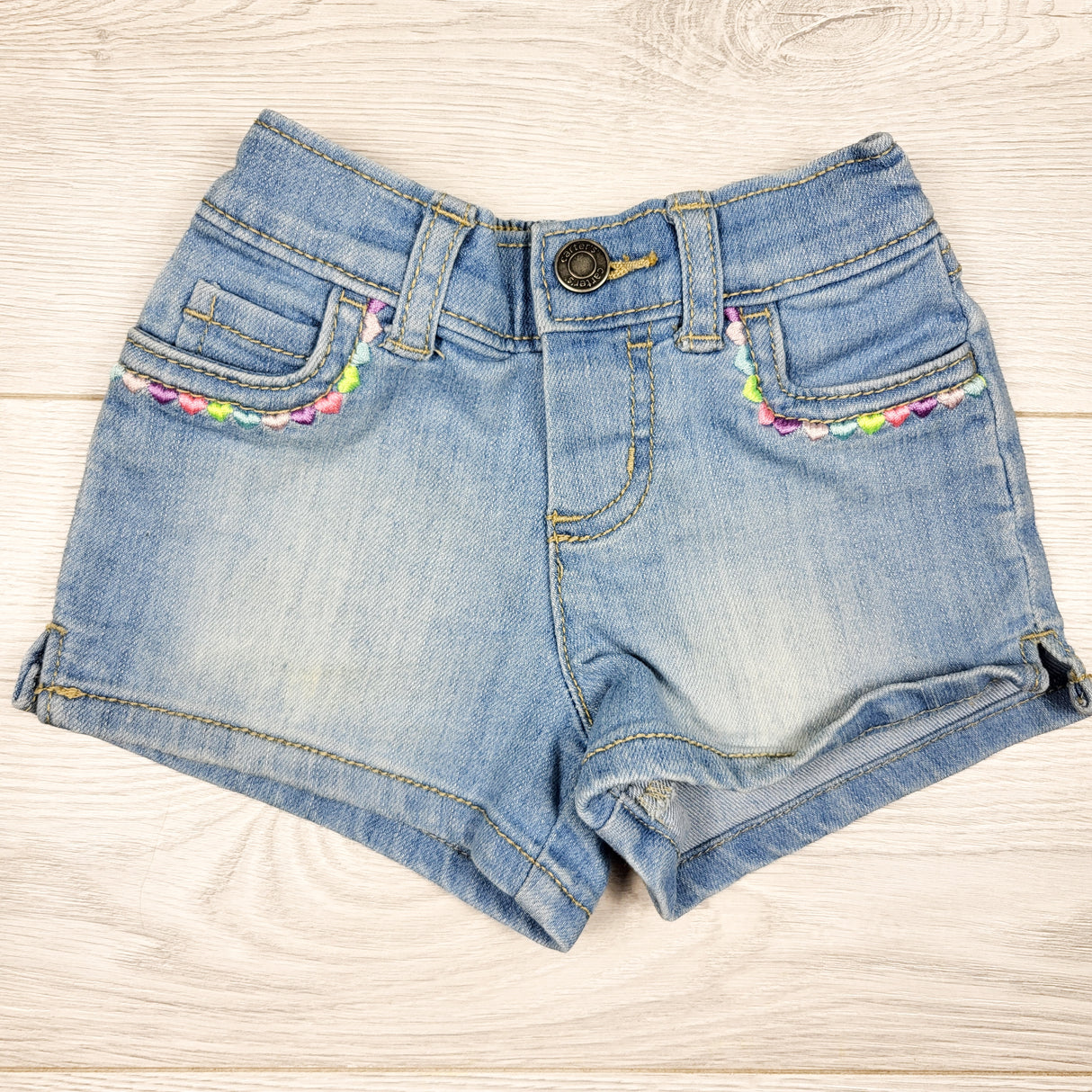 Carters denim shorts with embroidered hearts. Size 6 months