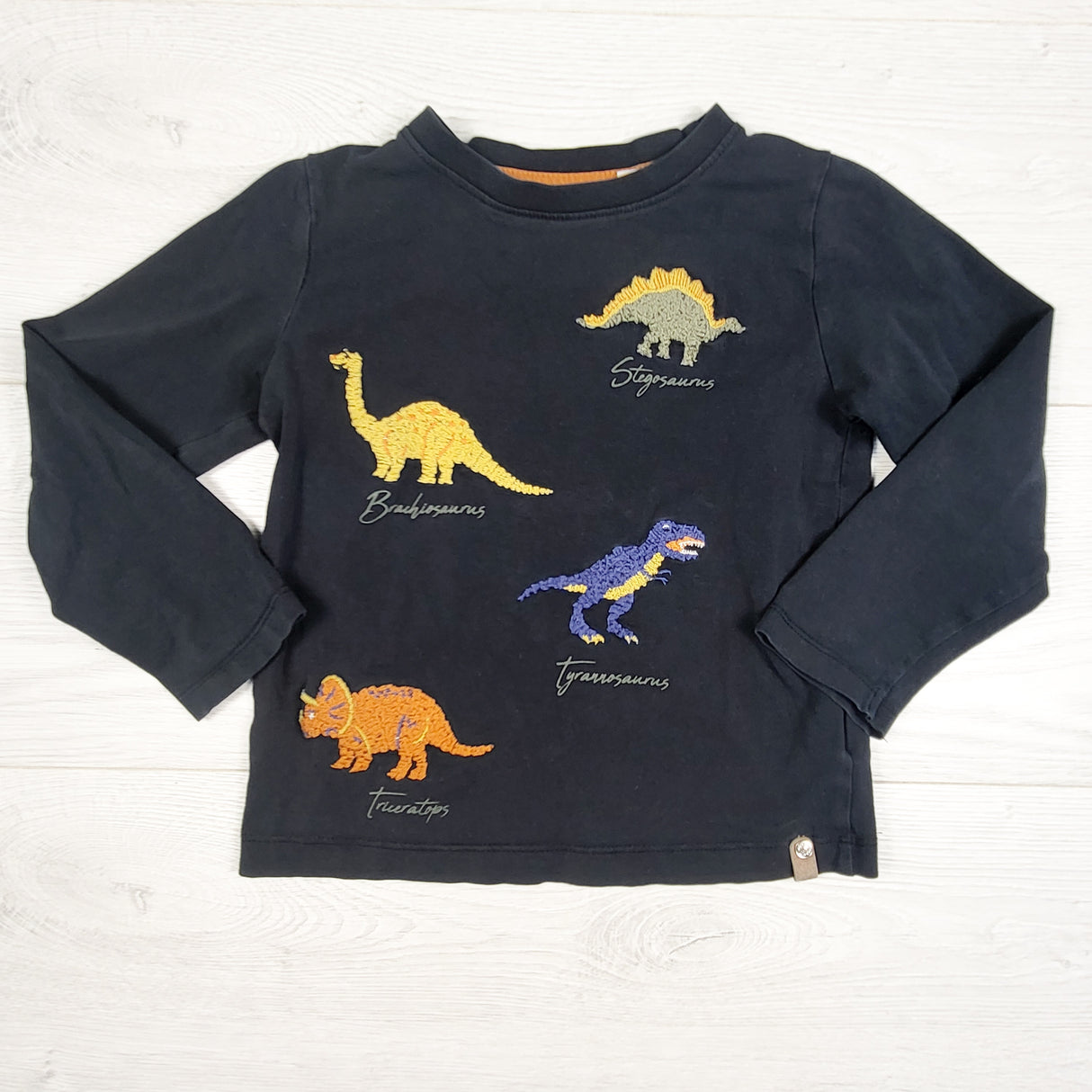 Minymo black organic cotton top with embroidered dinosaurs. Size 4T