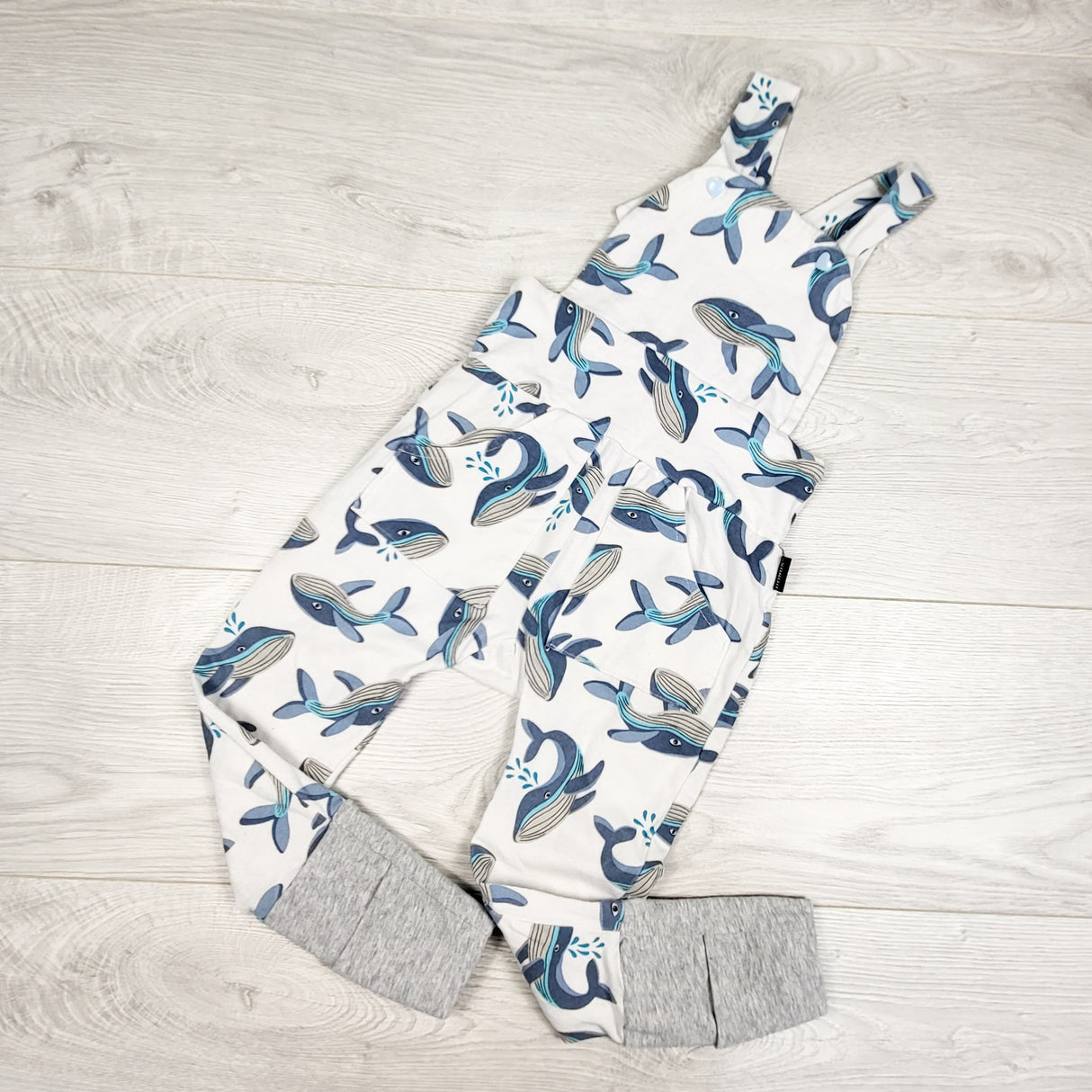 Custom made whale print overalls made from a Bonds wondersuit. Approx 18-24 months