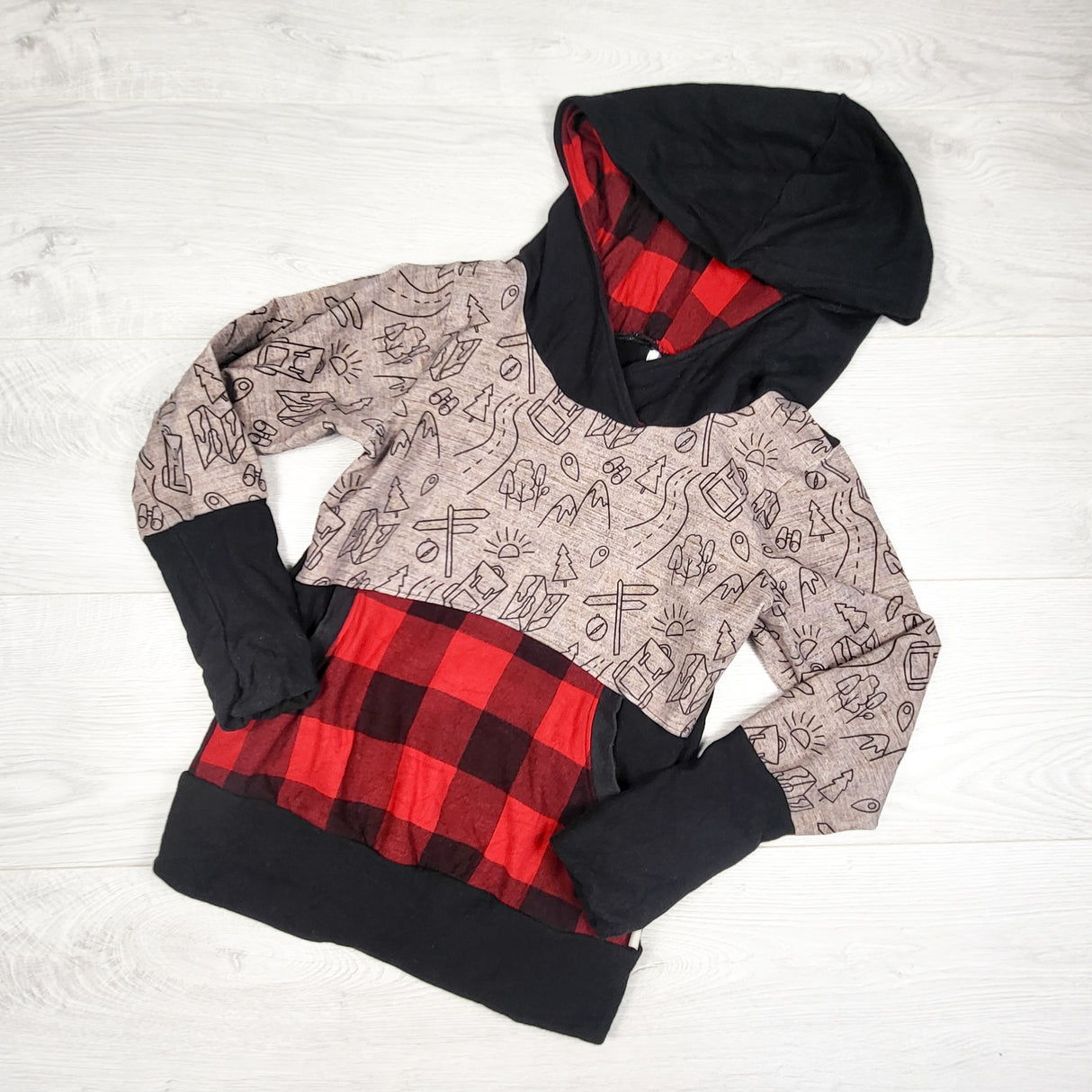 Teddy Little Apparel grow with me hoodie with plaid accents. Size 7-9 Years