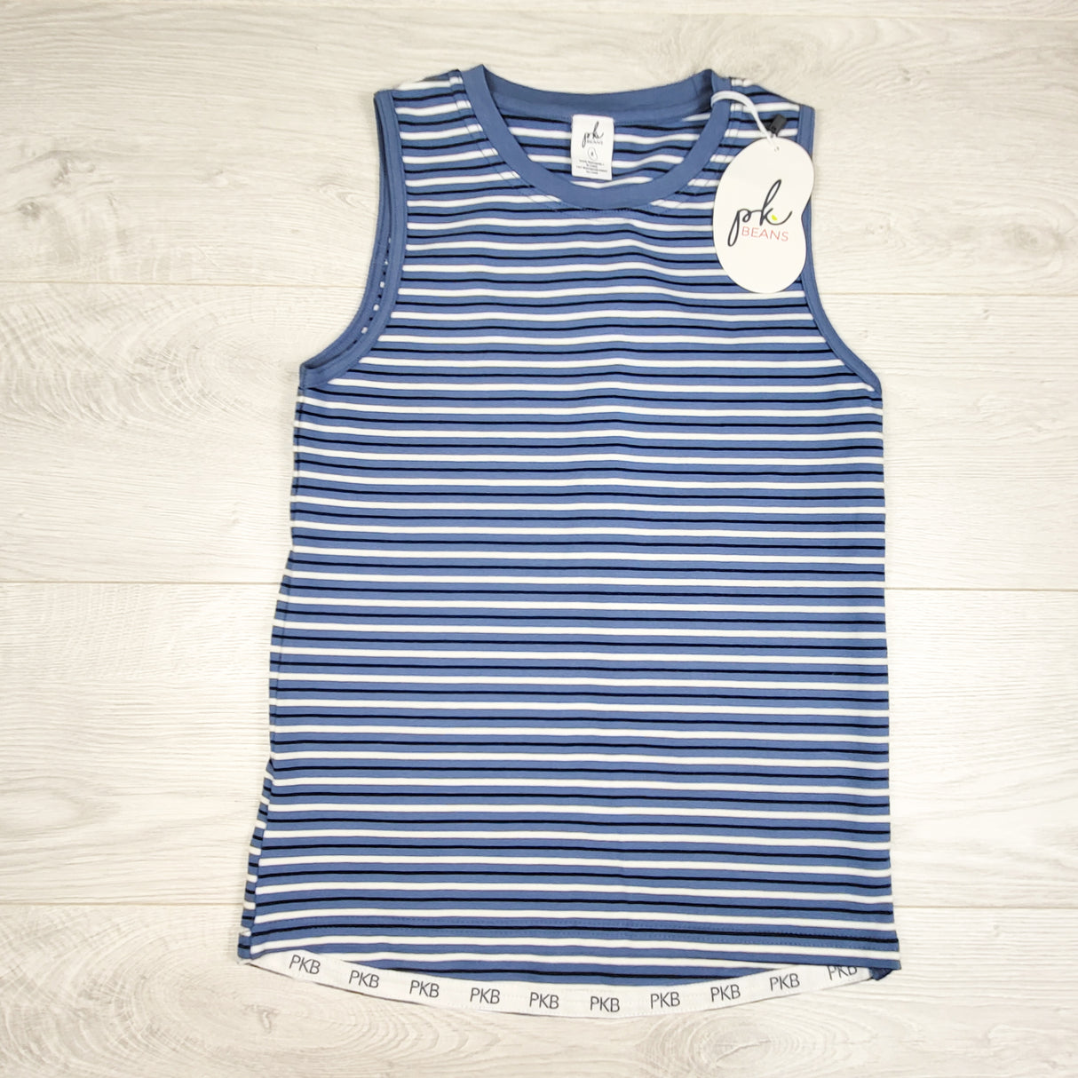 NEW - Peekaboo Beans blue "Horizon Stripe" Happy Days tank top. Size 8