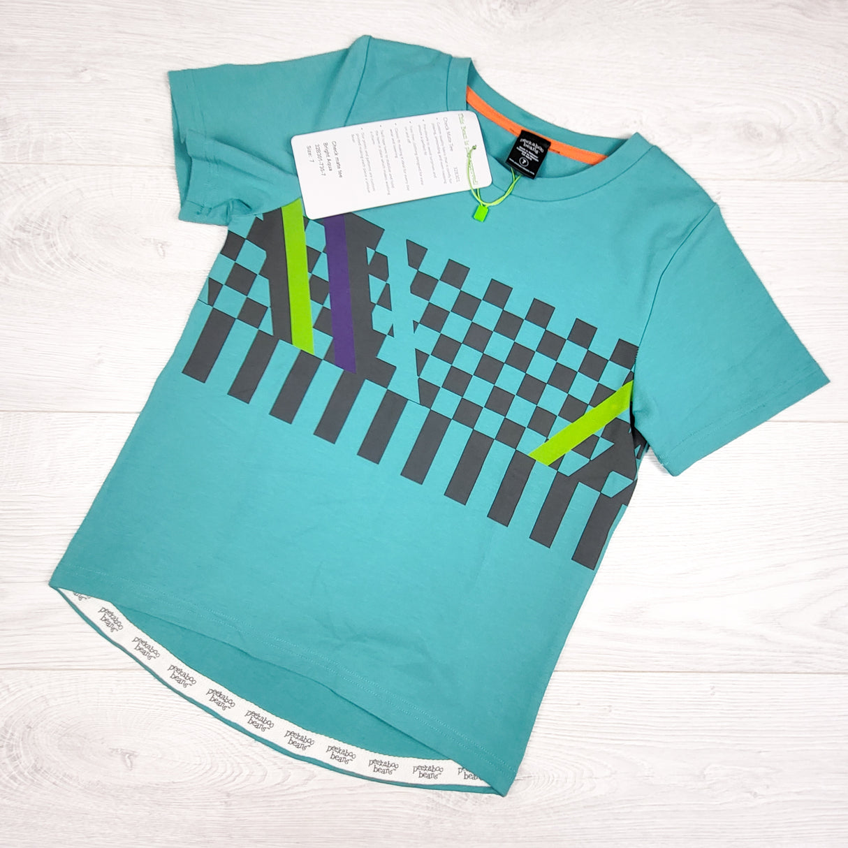 NEW - Peekaboo Beans aqua "Chek Mate" tee. Size 7