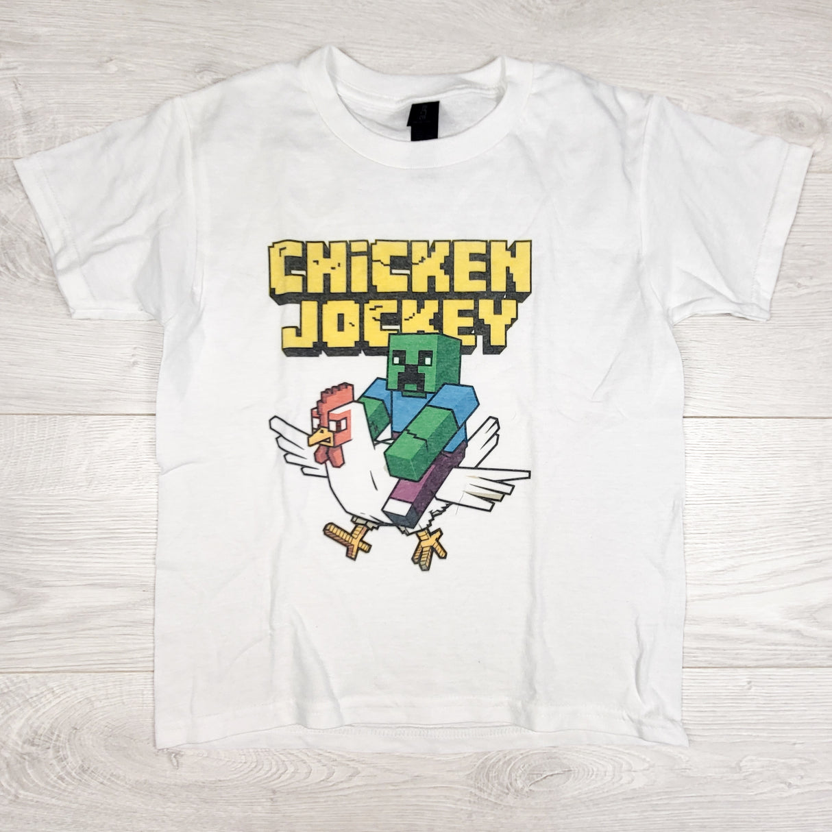 White custom made Minecraft Chicken Jockey t-shirt. Size small