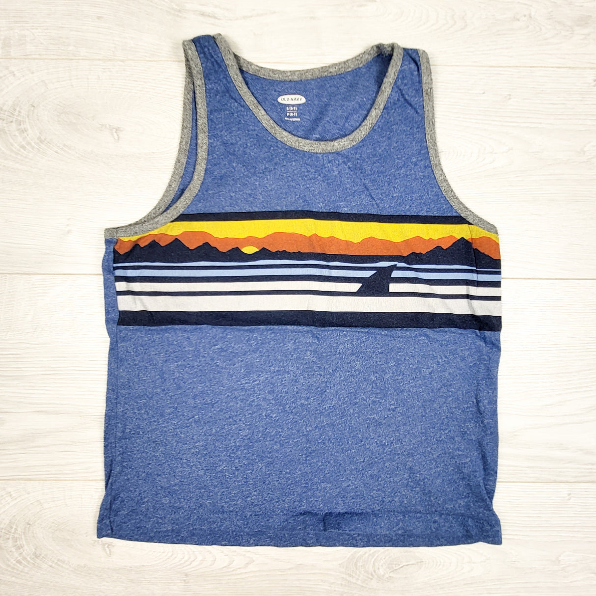 Old Navy heathered blue tank top with horizon scene. Size 6/7