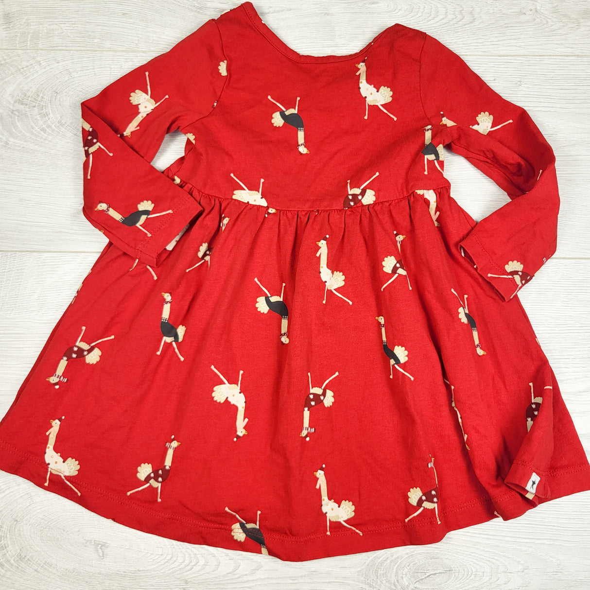 Rise Little Earthling red dress with holiday ostriches. Size 18-24 months