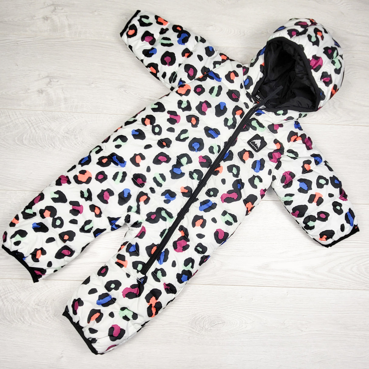 Burton white "Rainbow Hunter" print bunting suit. Size 9 months