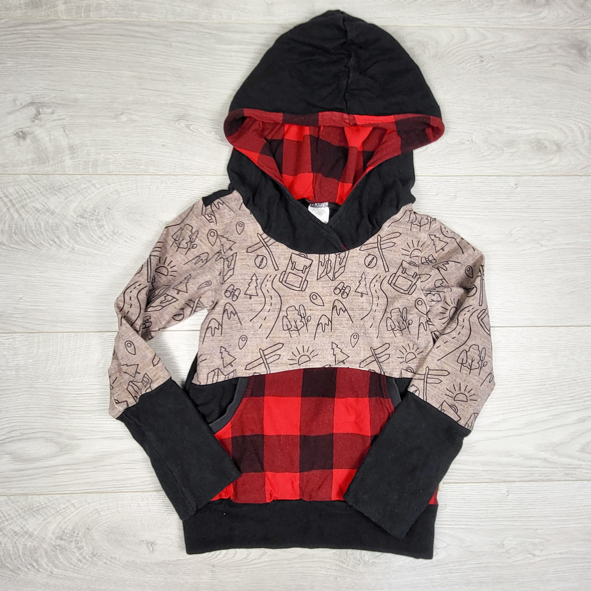 Teddy Little Apparel handmade grow with me hoodie with buffalo plaid accents. Size 3-6 Years